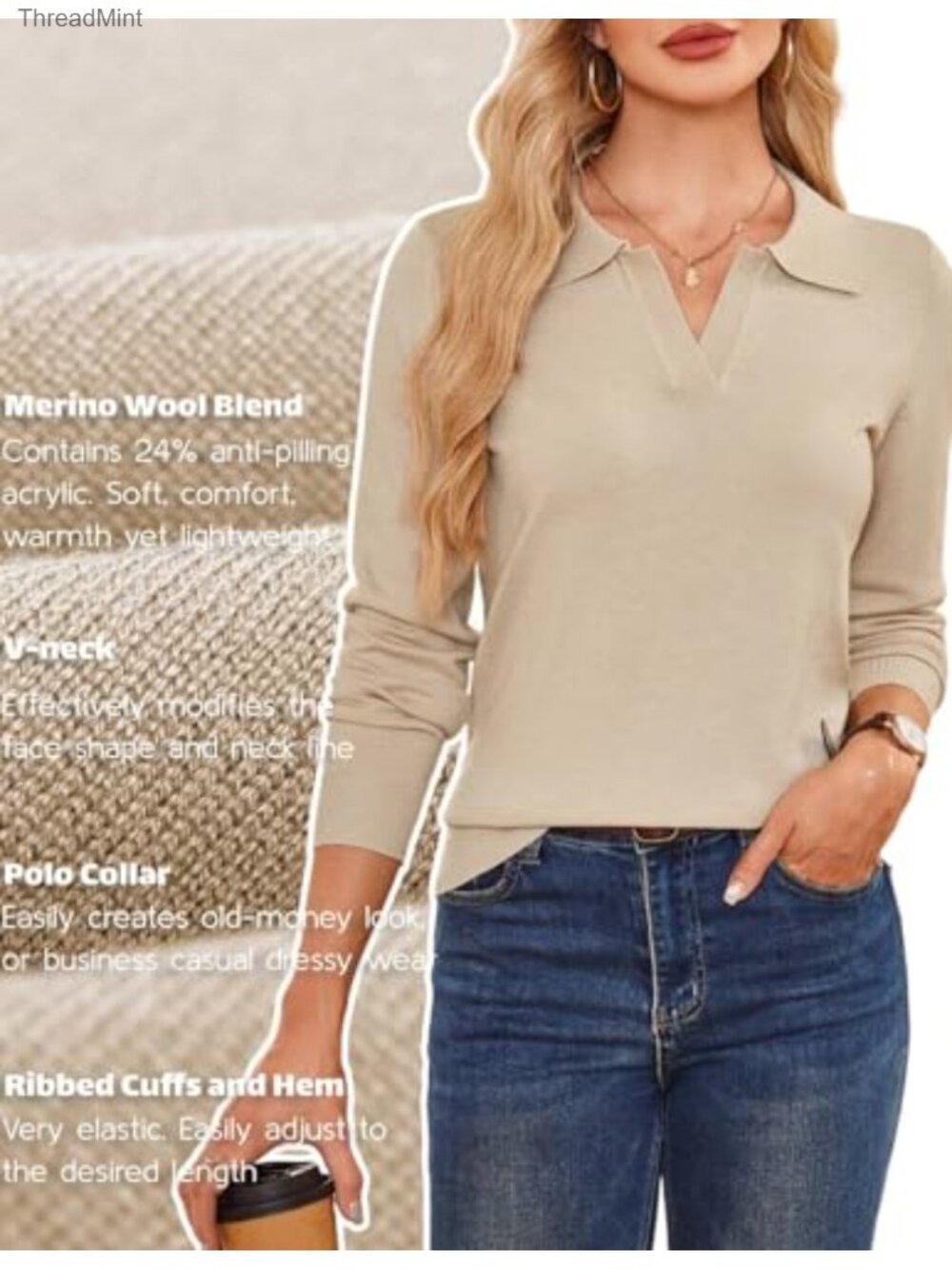 Women's Wool Blend Long Sleeve V Neck Polo Pullover - Picture 3 of 6